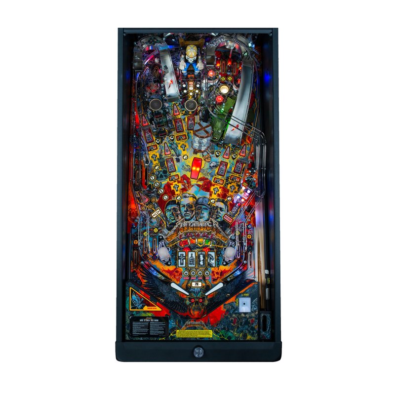 Stern Metallica Remastered Premium pinball machine playfield overview showing ramps, bumpers, targets, and sculpted features from above.