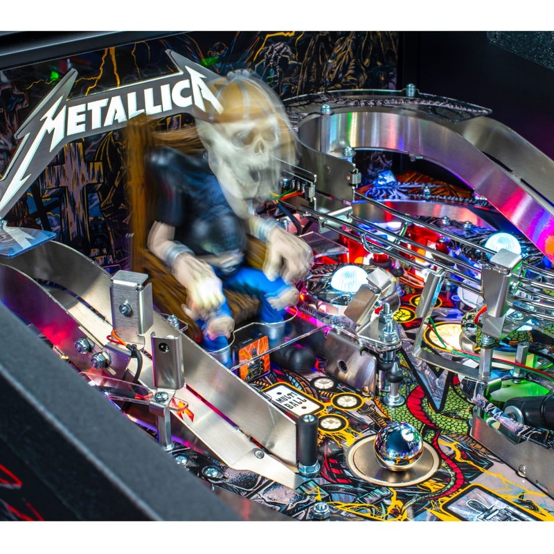 Stern Metallica Remastered Premium Pinball Machine featuring Sparky's Electric Chair sculpted figure, playfield overview with illuminated targets and ramps