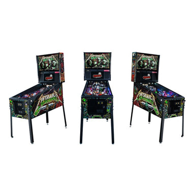 Stern Metallica Remastered Premium pinball machine shown from left, front, and right angles displaying playfield and cabinet design