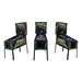 Stern Metallica Remastered Premium pinball machine shown from left, front, and right angles displaying playfield and cabinet design