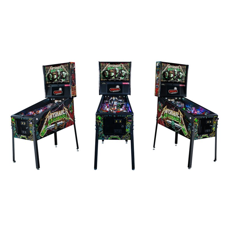 Stern Metallica Remastered Premium pinball machine shown from left, front, and right angles displaying playfield and cabinet design