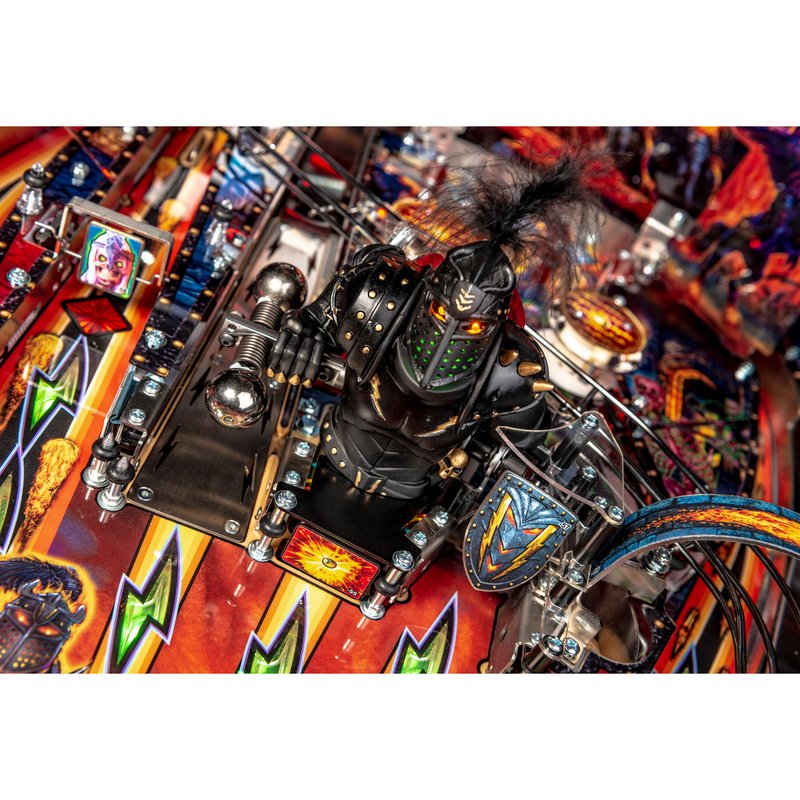Stern Black Knight Sword of Rage Pro Pinball Machine, close-up of Black Knight toy, flail and shield, drop targets.