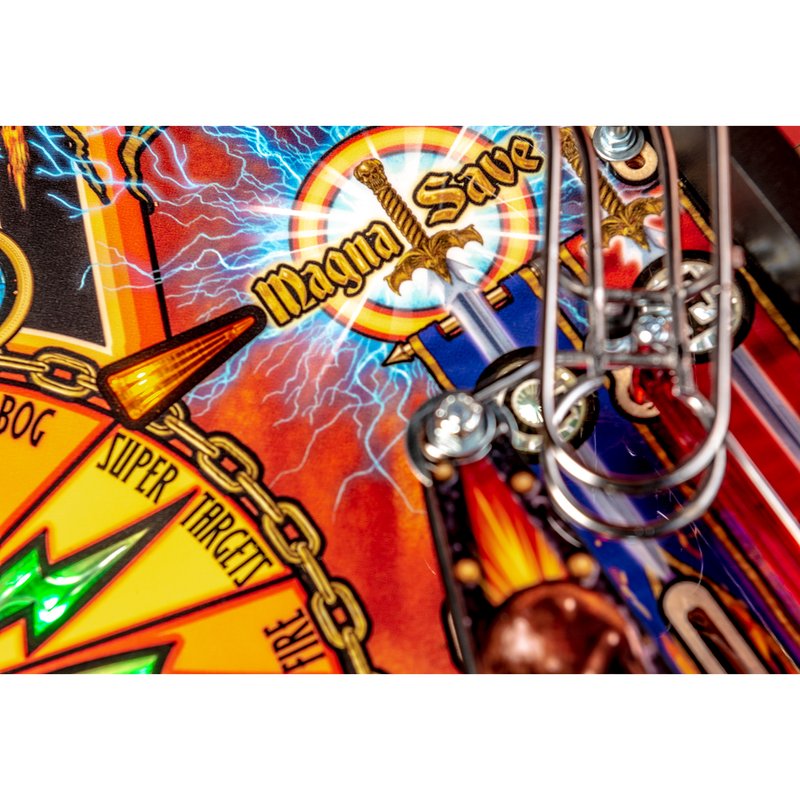 Stern Black Knight Sword of Rage Premium, playfield detail showing Magna-Save insert, lightning art, and spinner mechanism.