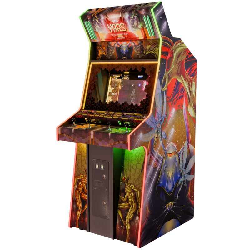 Yars Recharged MirrorFX Arcade Cabinet, front three-quarter view showing marquee, display hood, dual joysticks, and side art.