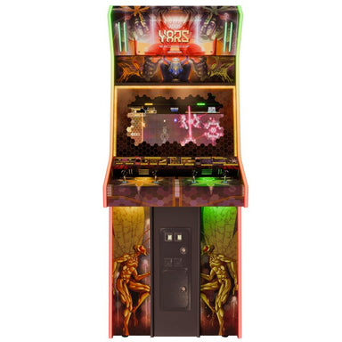 Yars Recharged MirrorFX Arcade Cabinet, front view: marquee, MirrorFX hood, dual-joystick panel, coin door, mantis side art.