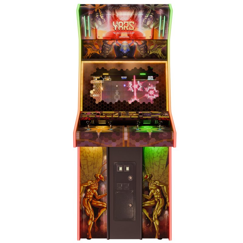Yars Recharged MirrorFX Arcade Cabinet, front view: marquee, MirrorFX hood, dual-joystick panel, coin door, mantis side art.